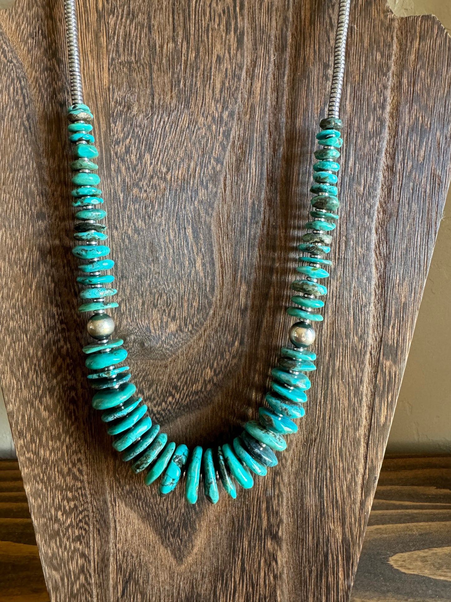 21 Inch Turquoise necklace with two 10mm sterling silver pearls