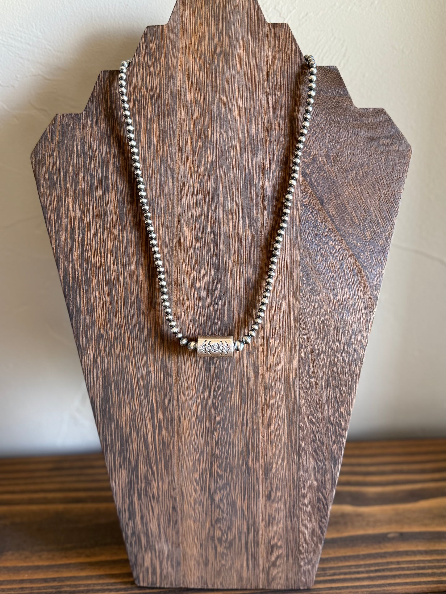 Navajo Pearls and stamped barrel necklace