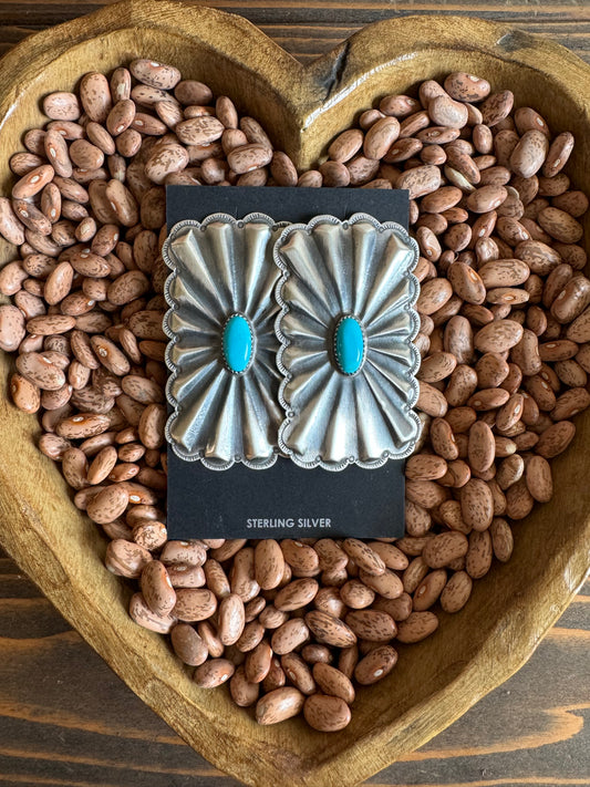 Large rectangle concho earrings with turquoise stone