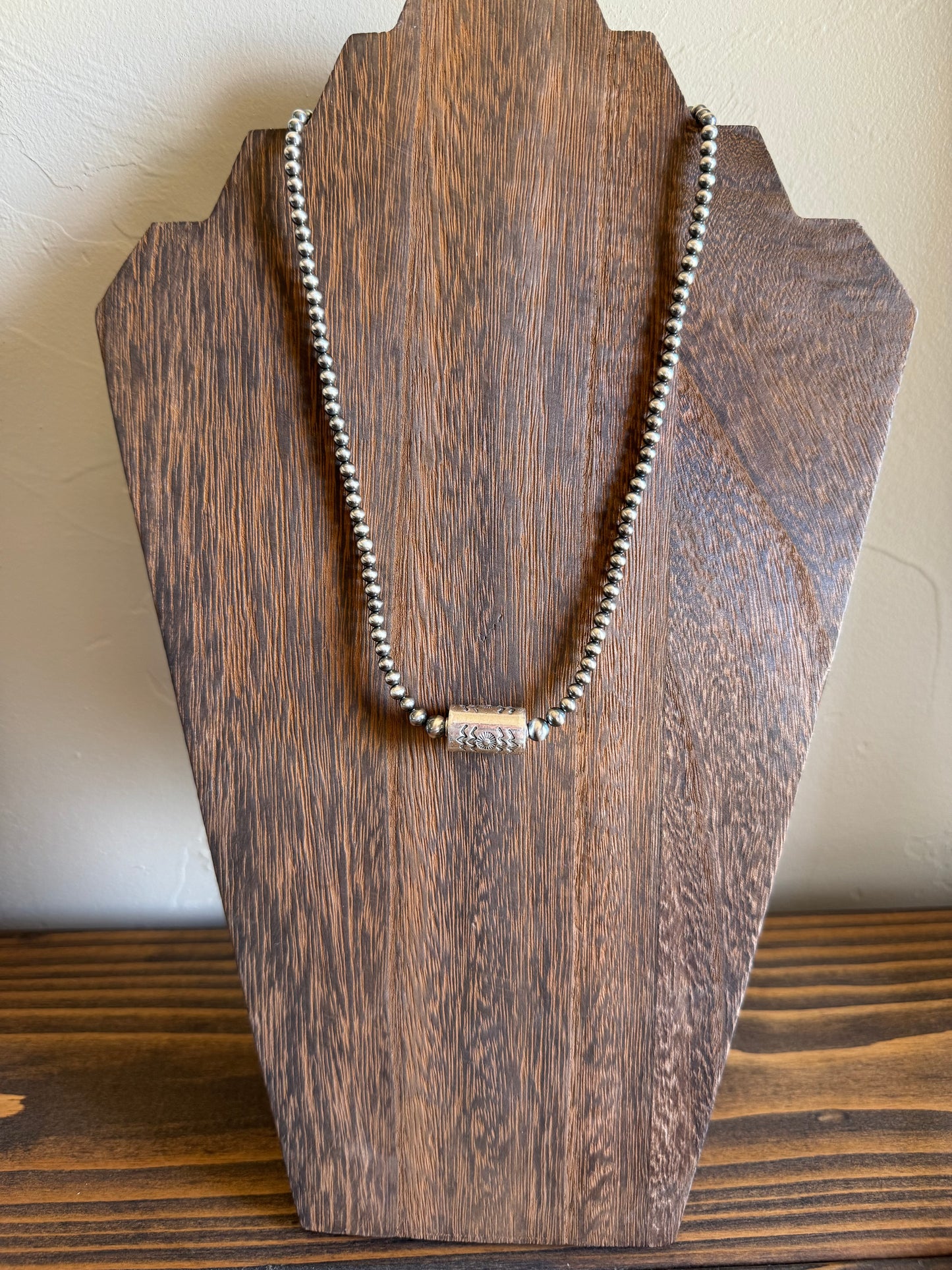 Navajo Pearls and stamped barrel necklace