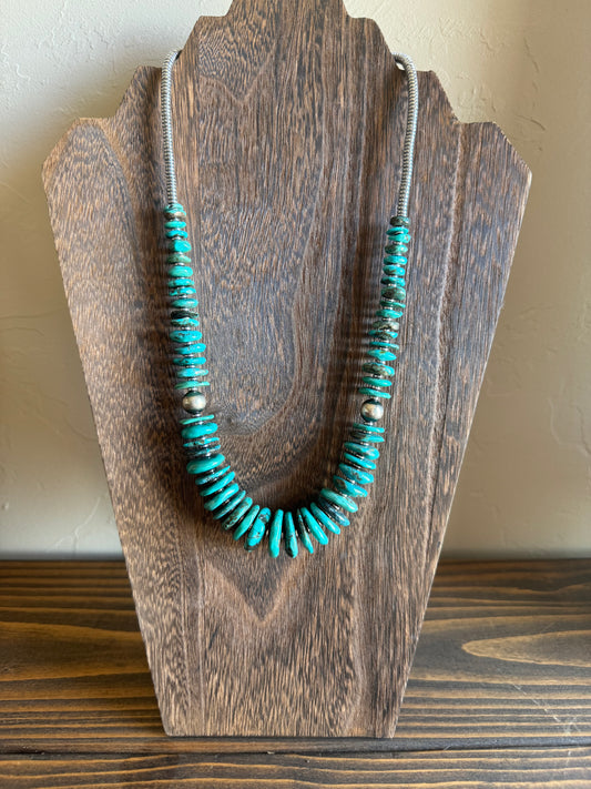 21 Inch Turquoise necklace with two 10mm sterling silver pearls