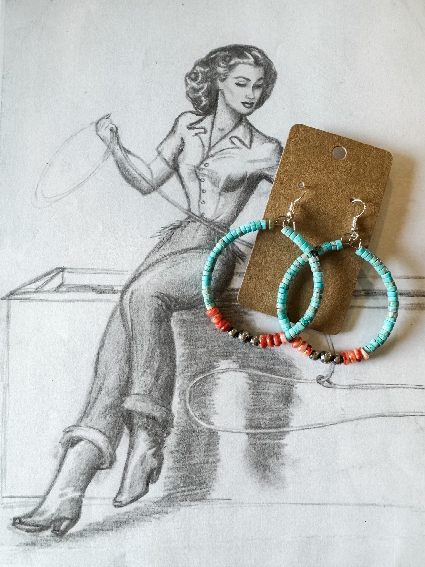 Vibrant hoop earrings with Navajo Pearls and Spiny Oyster